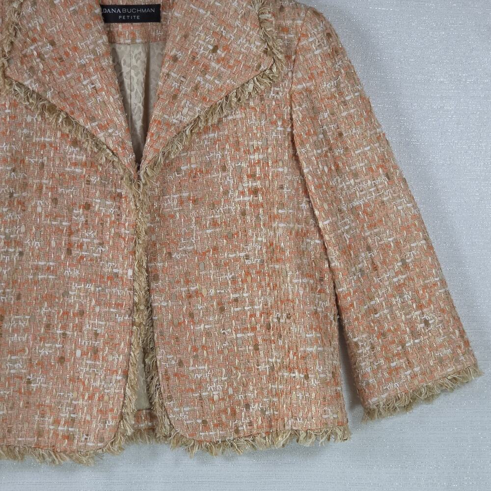 Dana Buchman Petite Pink Boucle Tweed Blazer Jacket Fringe Trim Raw Edge 10P - Picture 3 of 8